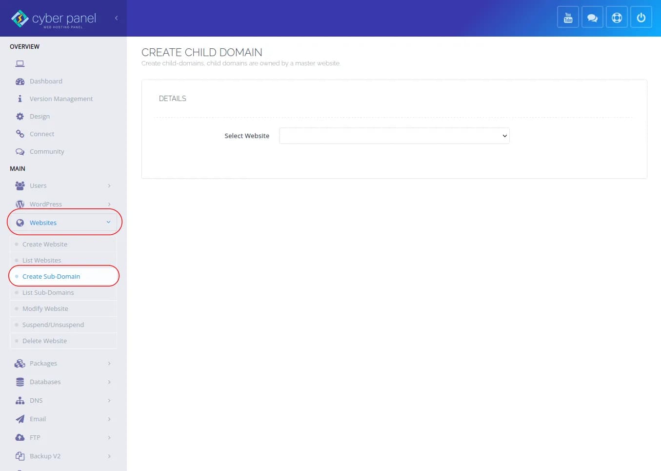 select the subdomain