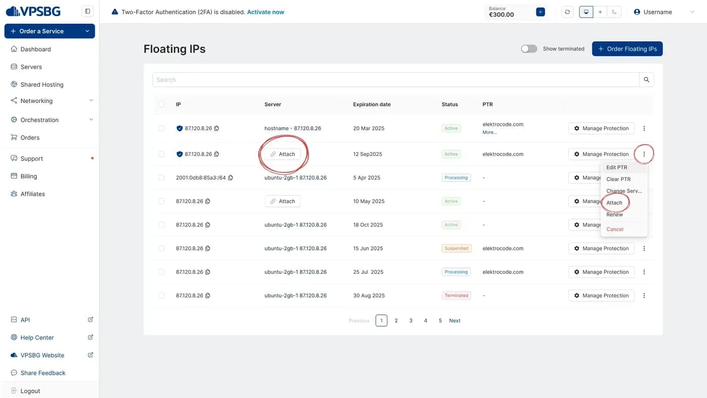 actions menu