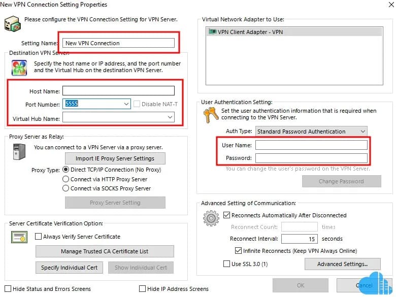 fill in the required details including username, password and server address