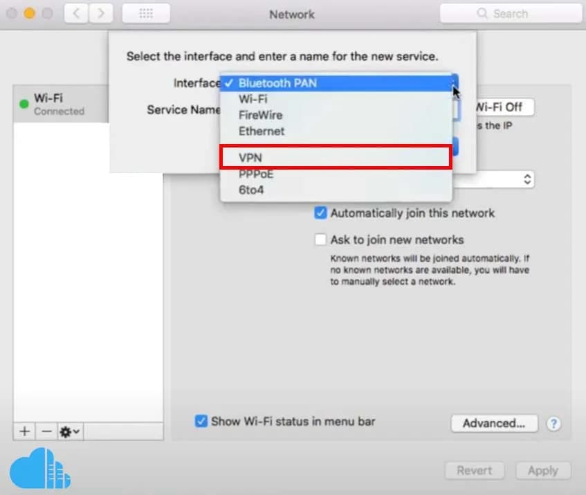 select vpn from the dropdown menu