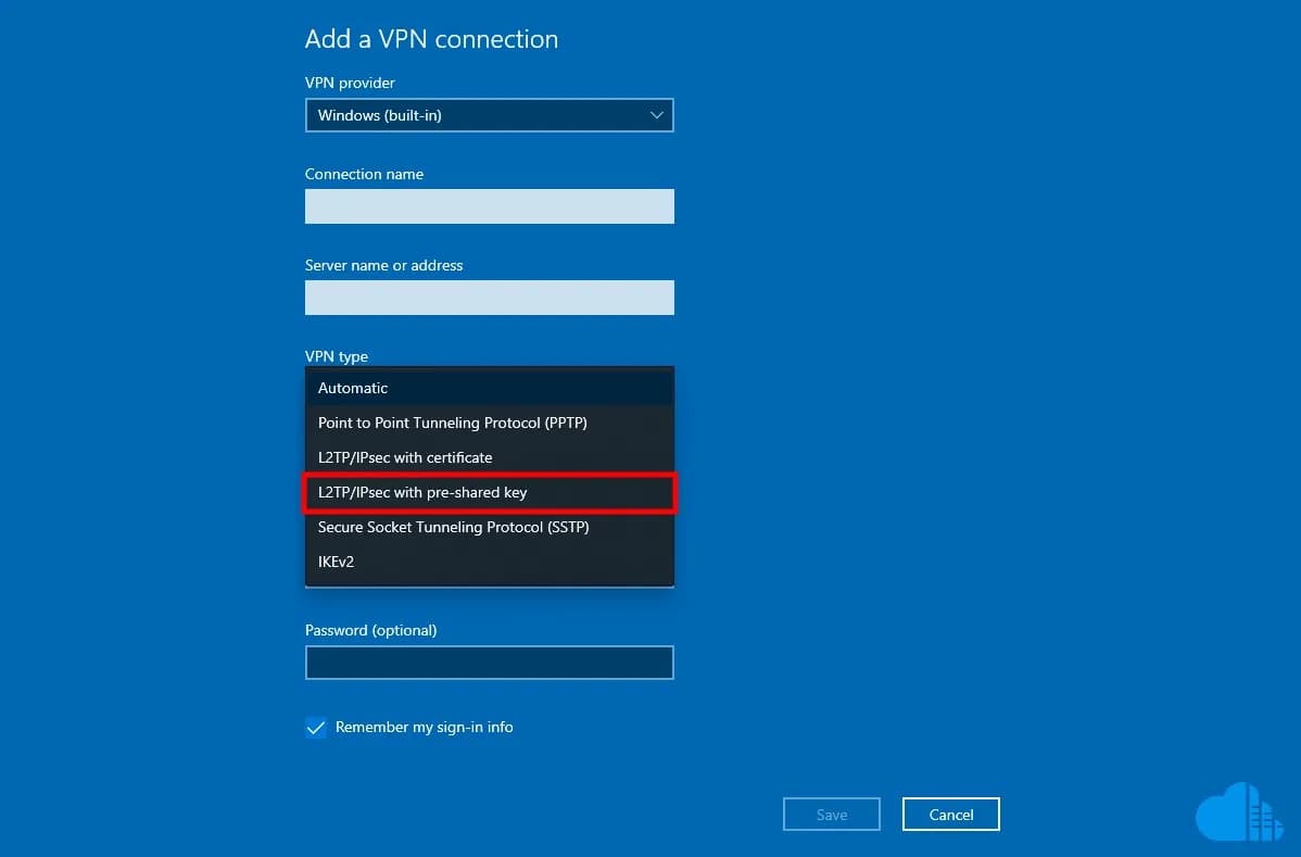 making sure to select ipsec with preshared key