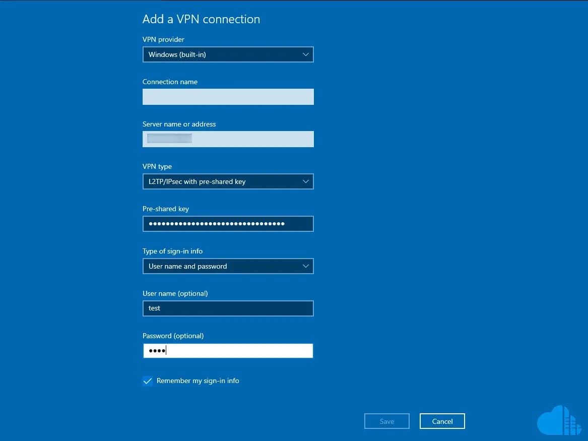 filling in the additional information such as password, server address and giving the connection a name