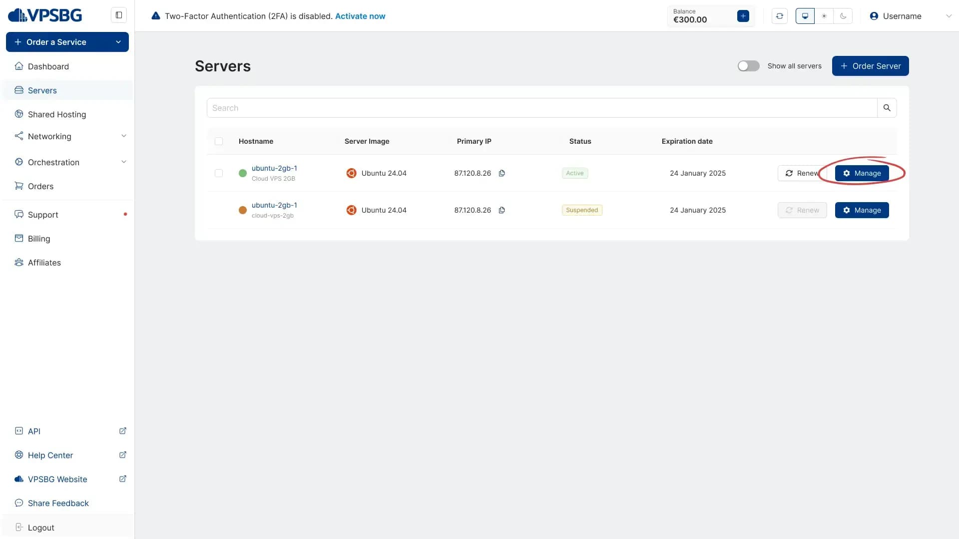 go to manage server