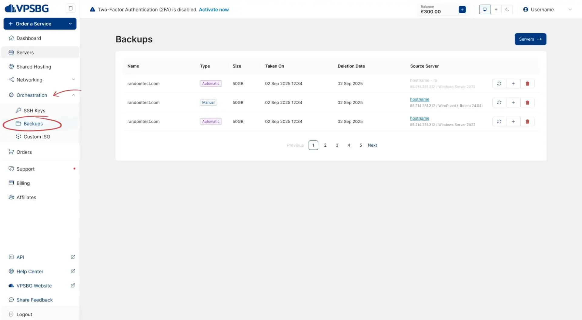 orchestration tab backups