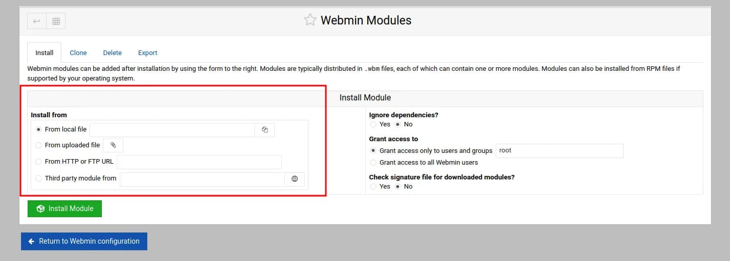 webmin module installation methods